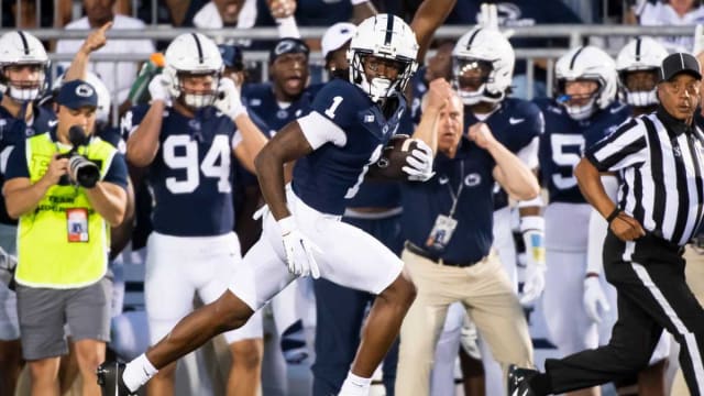 Penn State wide receiver KeAndre Lambert-Smith runs to the end zone for a 72-yard touchdown against West Virginia at Beaver Stadium September 2, 2023, in State College.  